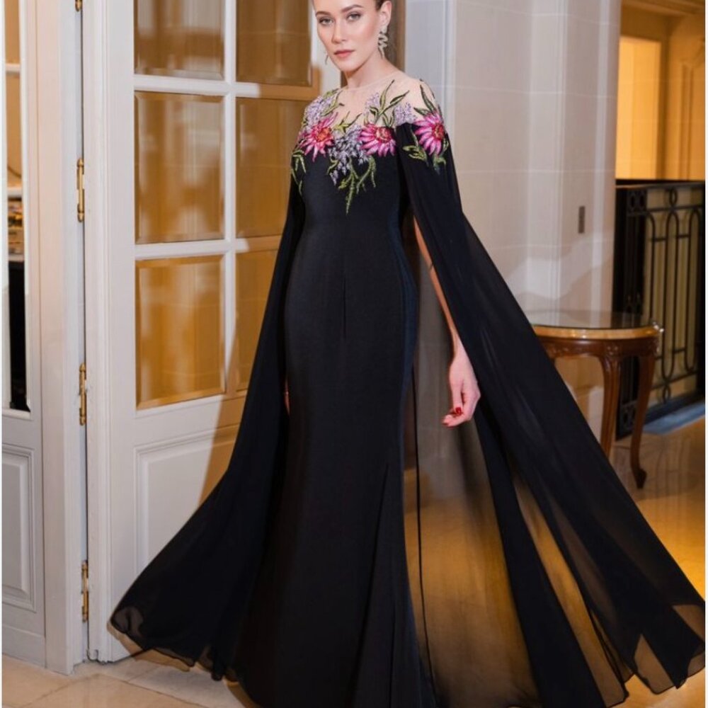 Black Sheer Cape Gown with Beaded Embroidery - MAC DUGGAL